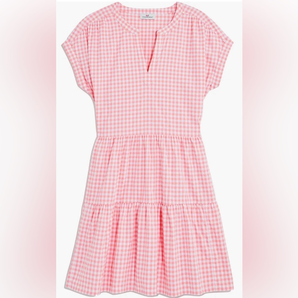 Vineyard Vines Pink Gingham Tiered Short Sleeve Dress - Picture 3 of 8